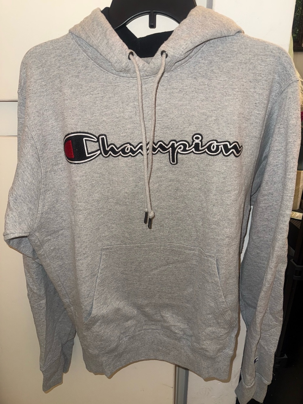 Champion Men's Light Gray Crewneck Hoodie with Embroidered Logo